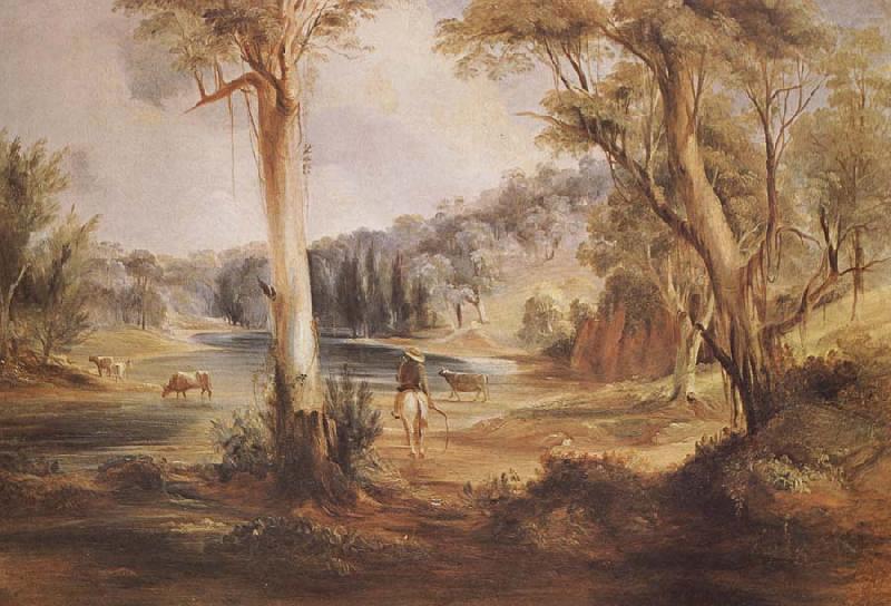 Australian Landscape with cattle and a stockman at a creek, Conrad Martens